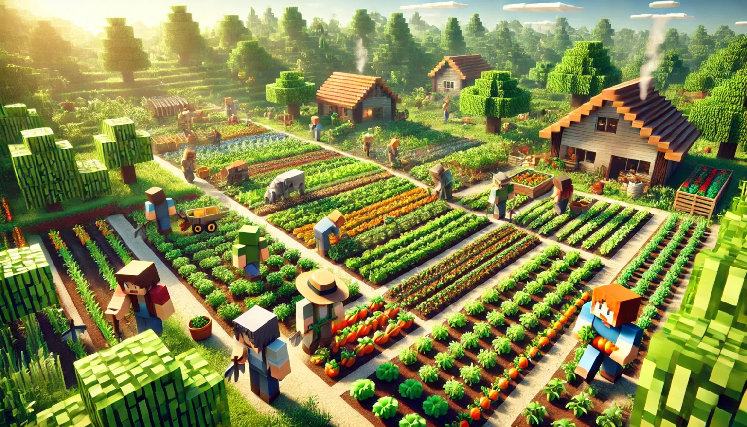 A scene depicting a regular Minecraft world with players farming. This image is generated by AI.